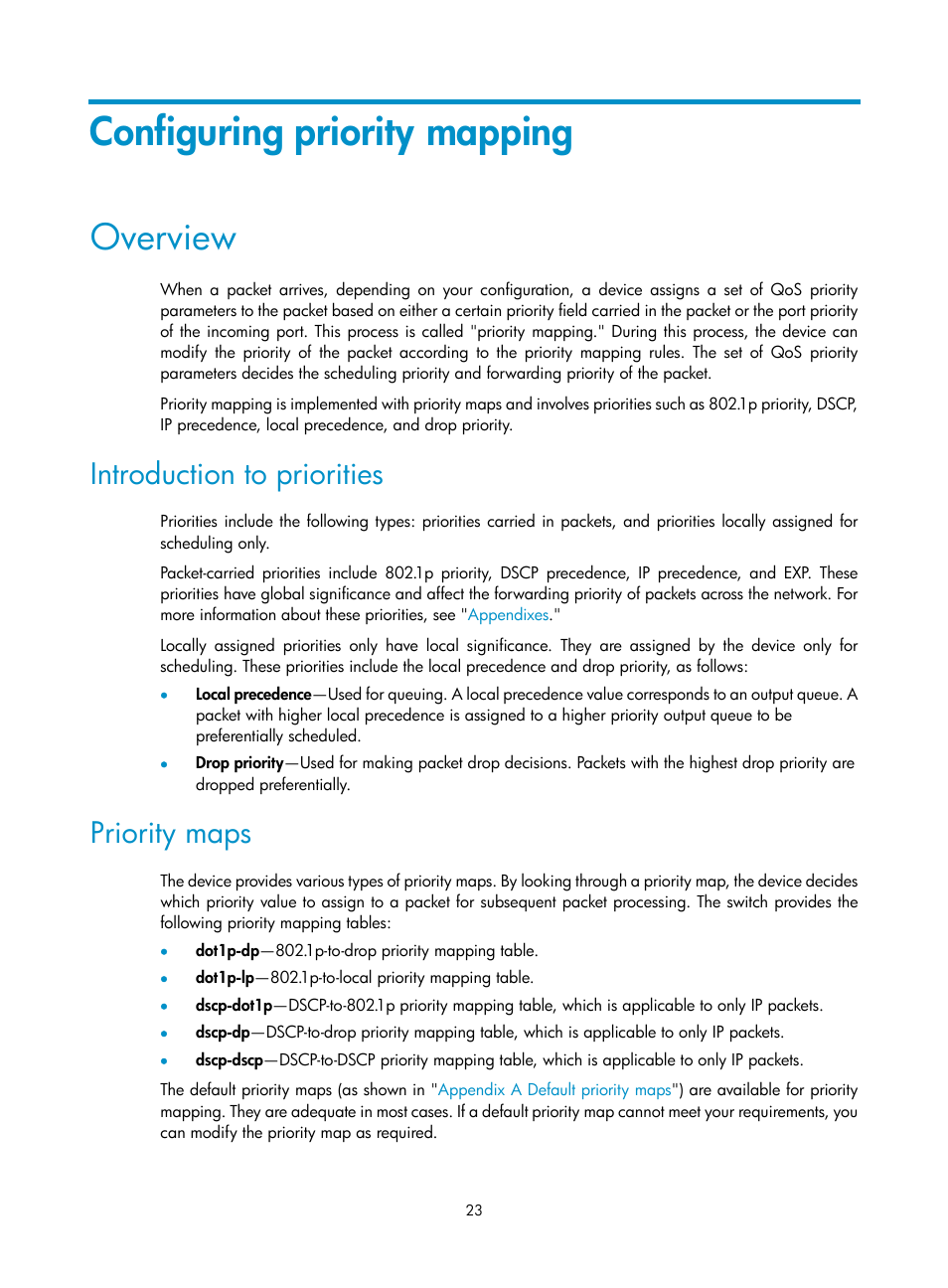 Configuring priority mapping, Overview, Introduction to priorities | Priority maps | H3C Technologies H3C S6300 Series Switches User Manual | Page 33 / 111
