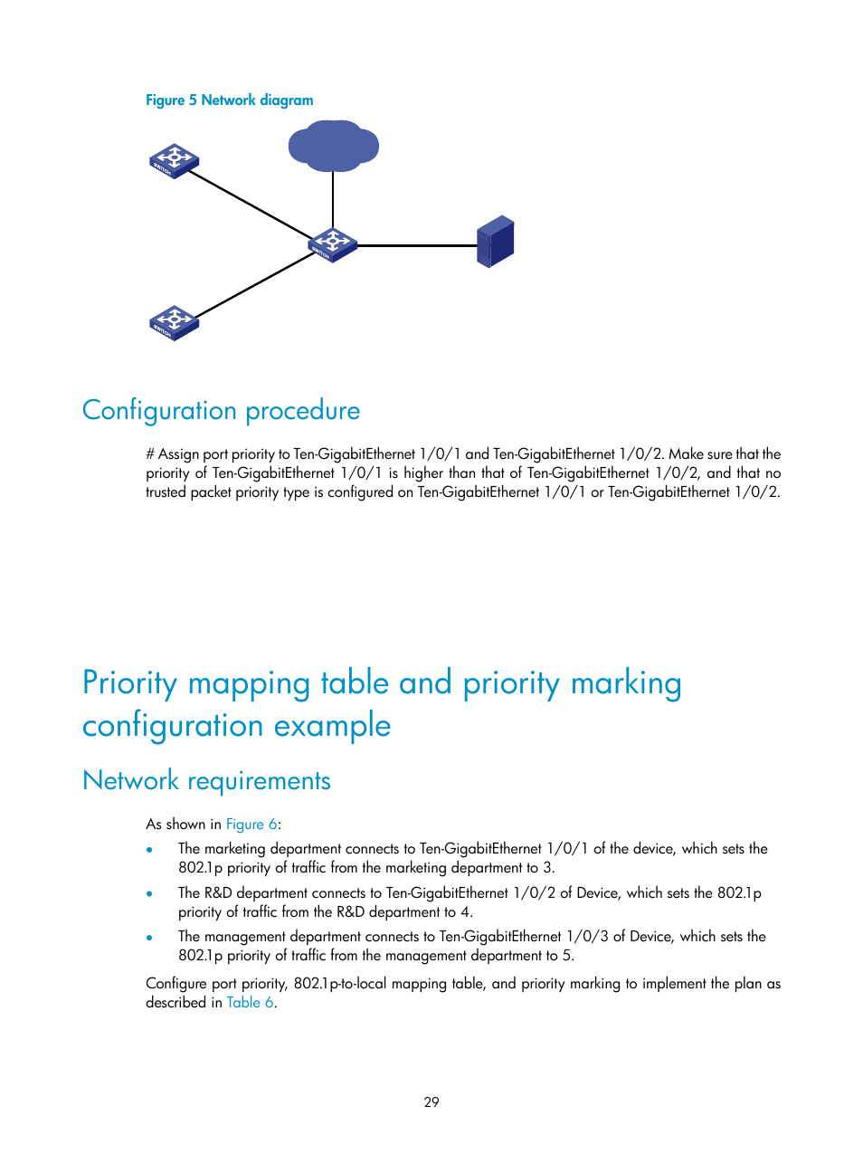 Configuration procedure, Network requirements | H3C Technologies H3C S6300 Series Switches User Manual | Page 39 / 111