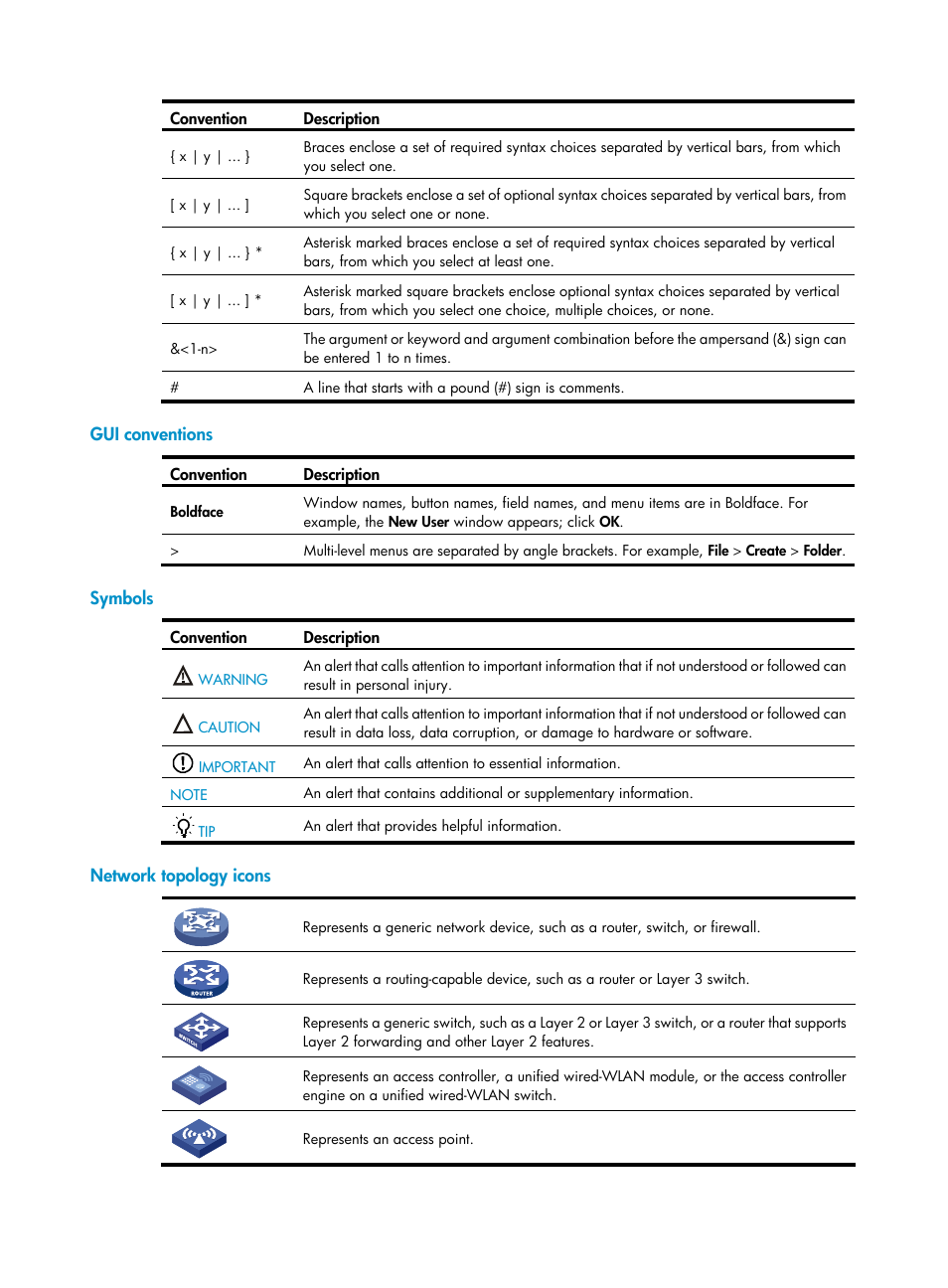 Gui conventions, Symbols, Network topology icons | H3C Technologies H3C S6300 Series Switches User Manual | Page 4 / 111