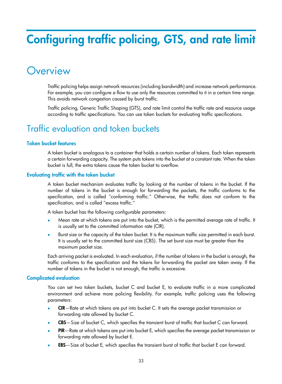 Configuring traffic policing, gts, and rate limit, Overview, Traffic evaluation and token buckets | Token bucket features, Evaluating traffic with the token bucket, Complicated evaluation | H3C Technologies H3C S6300 Series Switches User Manual | Page 43 / 111