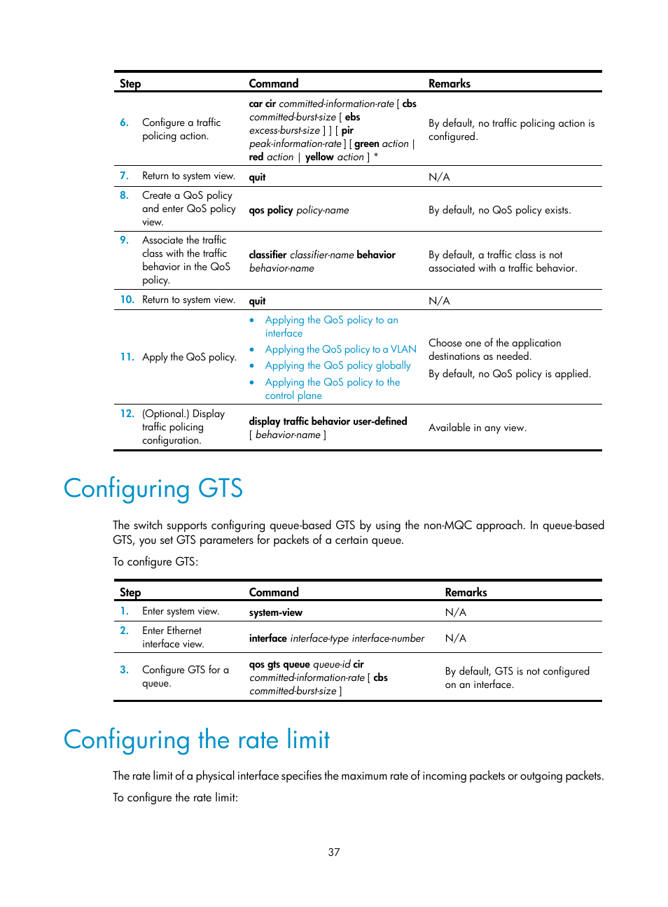 Configuring gts, Configuring the rate limit | H3C Technologies H3C S6300 Series Switches User Manual | Page 47 / 111