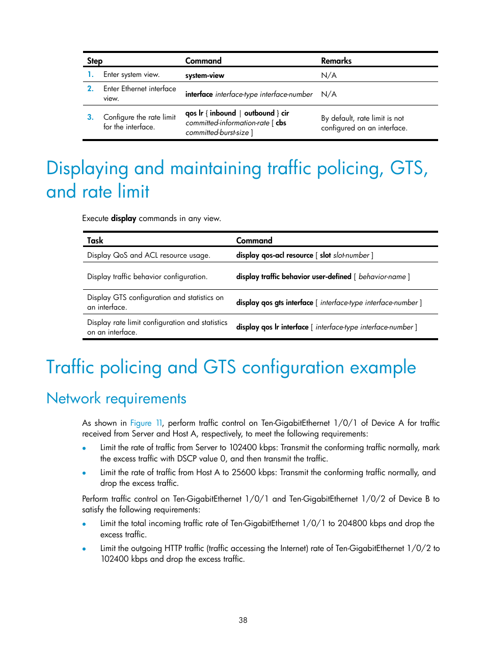 Traffic policing and gts configuration example, Network requirements | H3C Technologies H3C S6300 Series Switches User Manual | Page 48 / 111