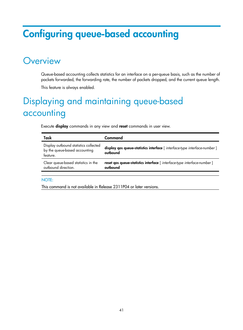 Configuring queue-based accounting, Overview, Displaying and maintaining queue-based accounting | H3C Technologies H3C S6300 Series Switches User Manual | Page 51 / 111