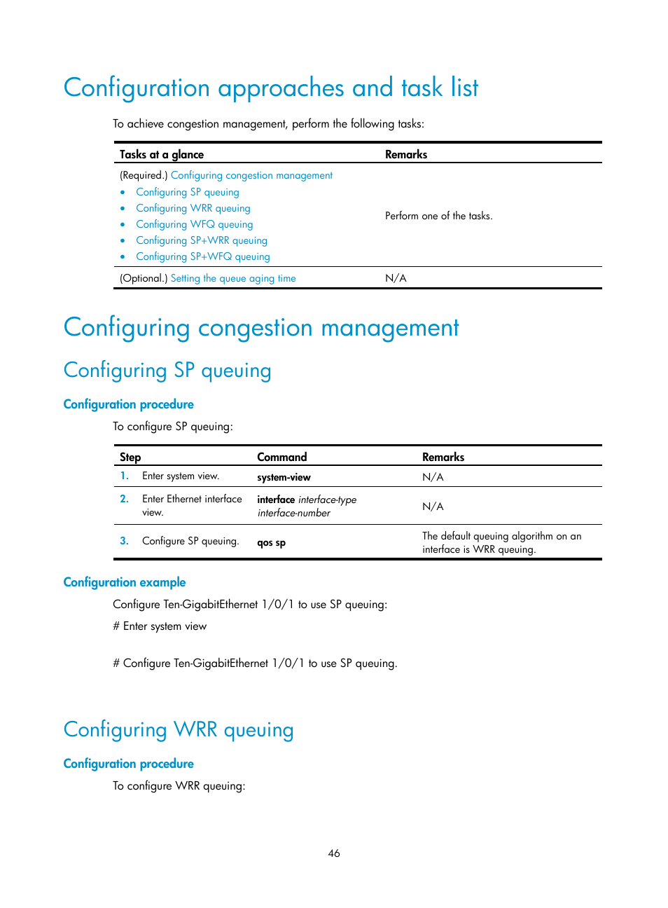 Configuration approaches and task list, Configuring congestion management, Configuring sp queuing | Configuration procedure, Configuration example, Configuring wrr queuing | H3C Technologies H3C S6300 Series Switches User Manual | Page 56 / 111