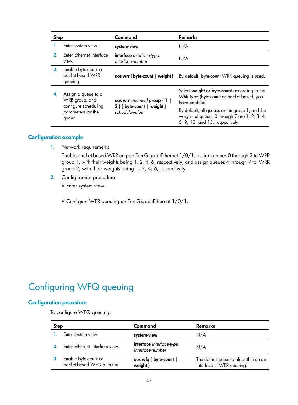 Configuration example, Configuring wfq queuing, Configuration procedure | H3C Technologies H3C S6300 Series Switches User Manual | Page 57 / 111