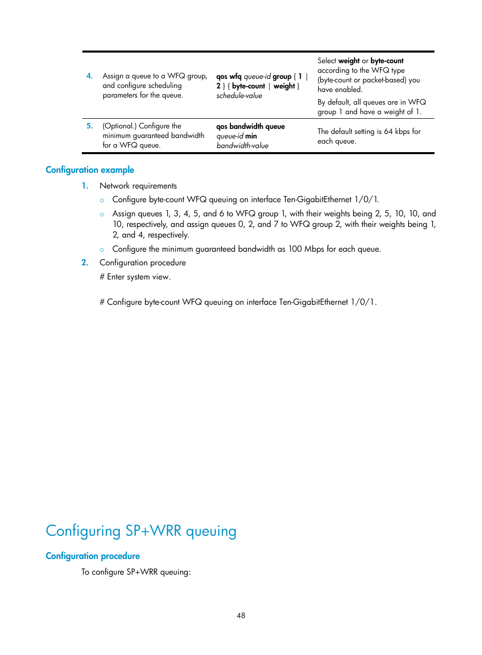 Configuration example, Configuring sp+wrr queuing, Configuration procedure | H3C Technologies H3C S6300 Series Switches User Manual | Page 58 / 111