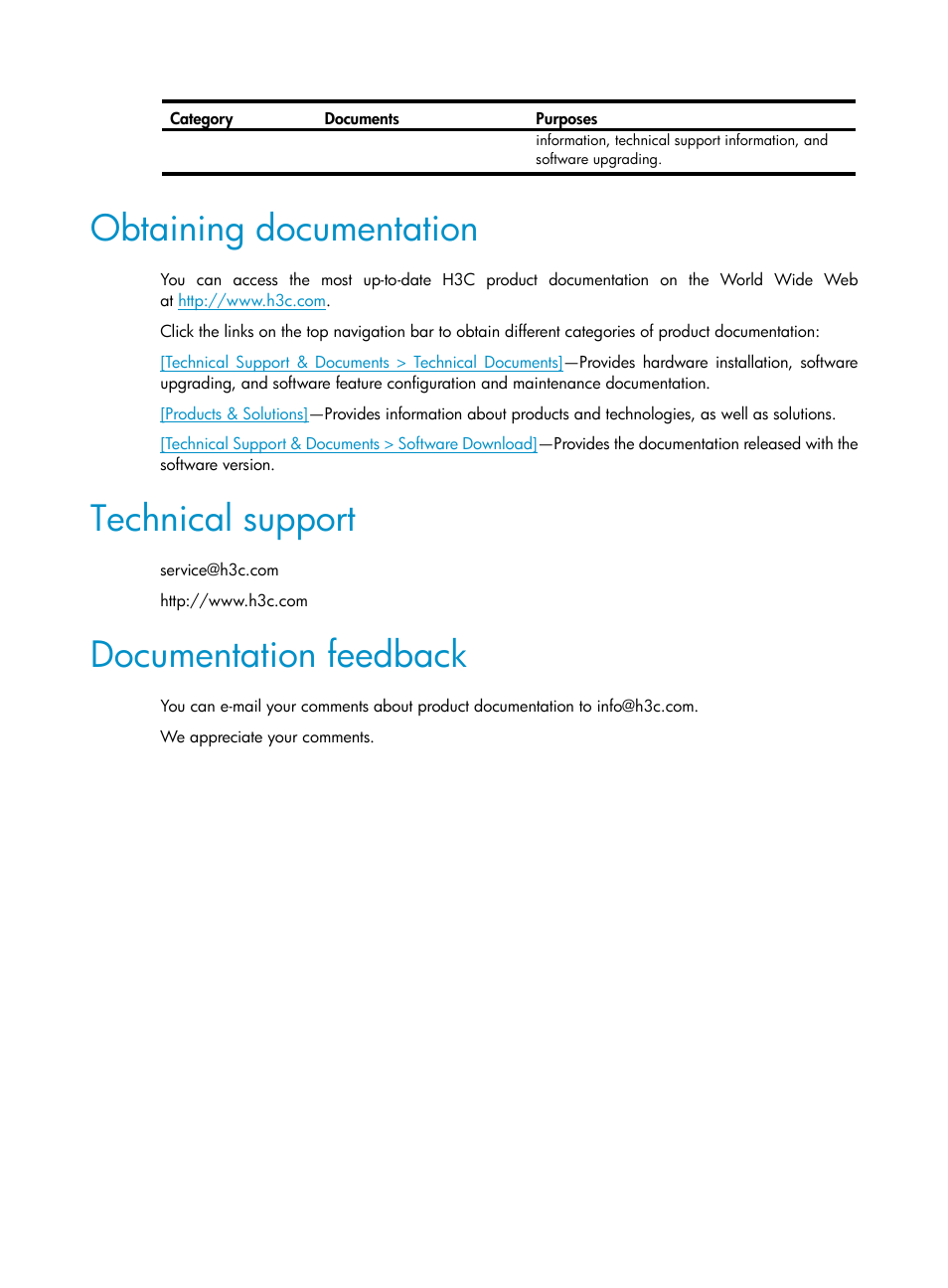 Obtaining documentation, Technical support, Documentation feedback | H3C Technologies H3C S6300 Series Switches User Manual | Page 6 / 111