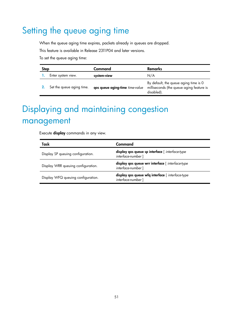 Setting the queue aging time, Displaying and maintaining congestion management | H3C Technologies H3C S6300 Series Switches User Manual | Page 61 / 111