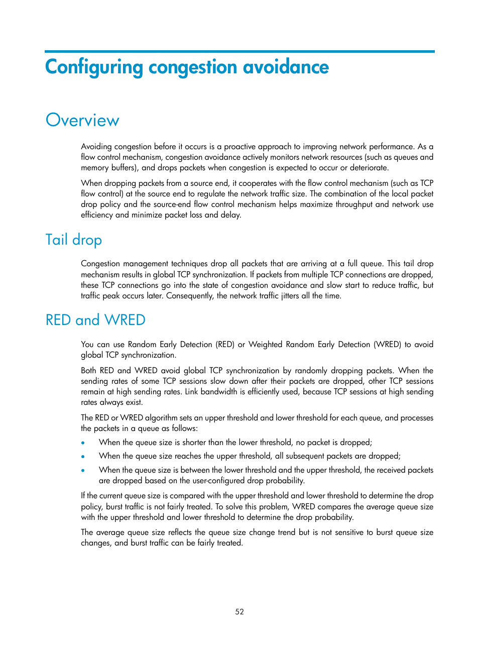 Configuring congestion avoidance, Overview, Tail drop | Red and wred | H3C Technologies H3C S6300 Series Switches User Manual | Page 62 / 111