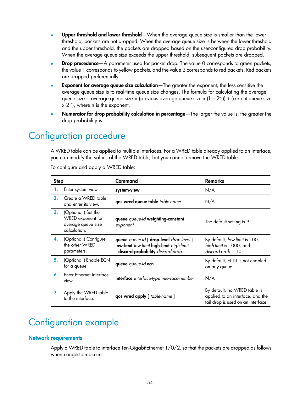 Configuration procedure, Configuration example, Network requirements | H3C Technologies H3C S6300 Series Switches User Manual | Page 64 / 111