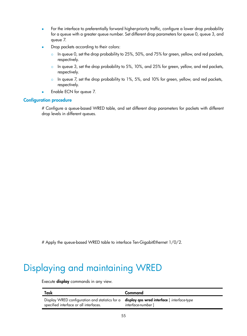 Configuration procedure, Displaying and maintaining wred | H3C Technologies H3C S6300 Series Switches User Manual | Page 65 / 111