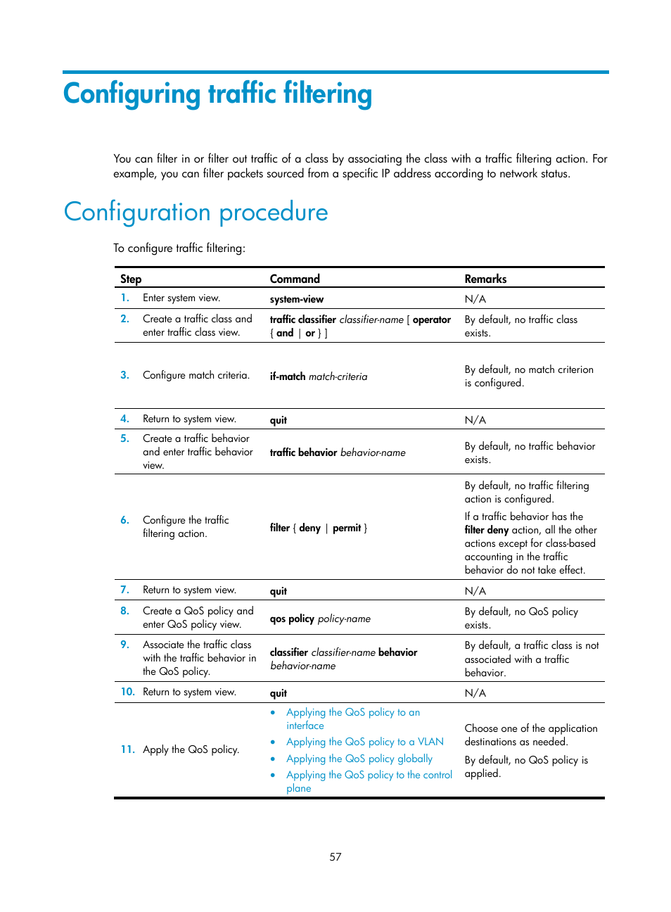 Configuring traffic filtering, Configuration procedure | H3C Technologies H3C S6300 Series Switches User Manual | Page 67 / 111