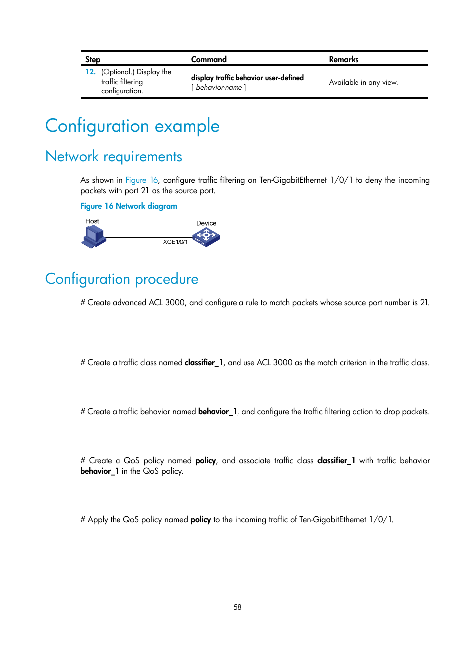 Configuration example, Network requirements, Configuration procedure | H3C Technologies H3C S6300 Series Switches User Manual | Page 68 / 111