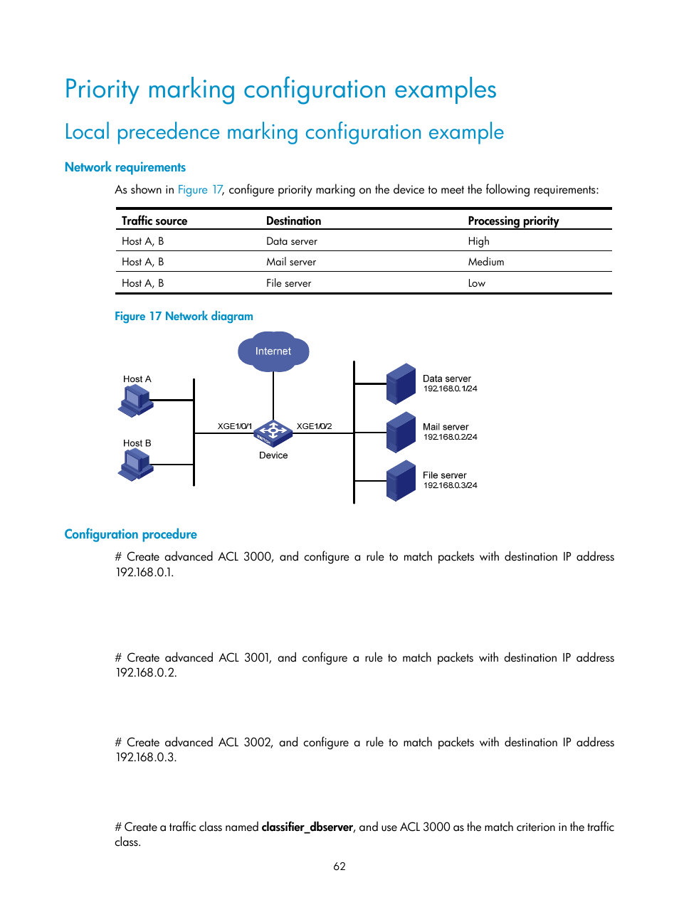 Priority marking configuration examples, Local precedence marking configuration example, Network requirements | Configuration procedure | H3C Technologies H3C S6300 Series Switches User Manual | Page 72 / 111