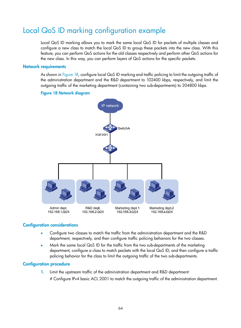 Local qos id marking configuration example, Network requirements, Configuration considerations | Configuration procedure | H3C Technologies H3C S6300 Series Switches User Manual | Page 74 / 111