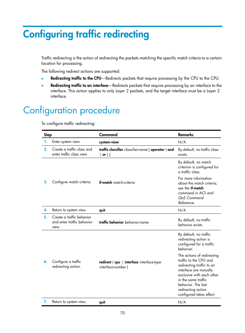 Configuring traffic redirecting, Configuration procedure | H3C Technologies H3C S6300 Series Switches User Manual | Page 80 / 111