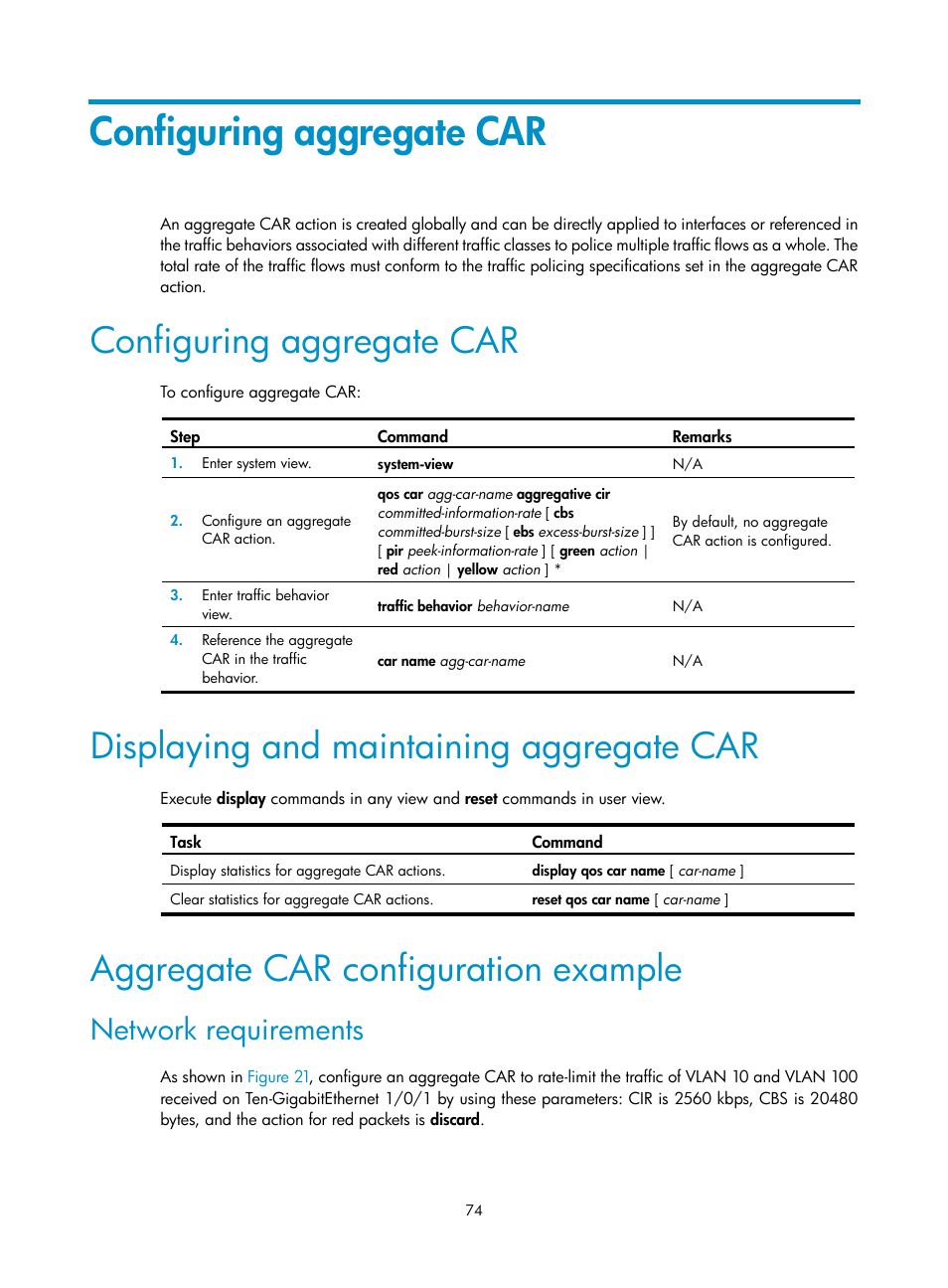 Configuring aggregate car, Displaying and maintaining aggregate car, Aggregate car configuration example | Network requirements | H3C Technologies H3C S6300 Series Switches User Manual | Page 84 / 111