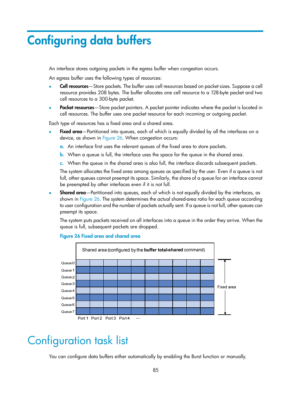 Configuring data buffers, Configuration task list | H3C Technologies H3C S6300 Series Switches User Manual | Page 95 / 111