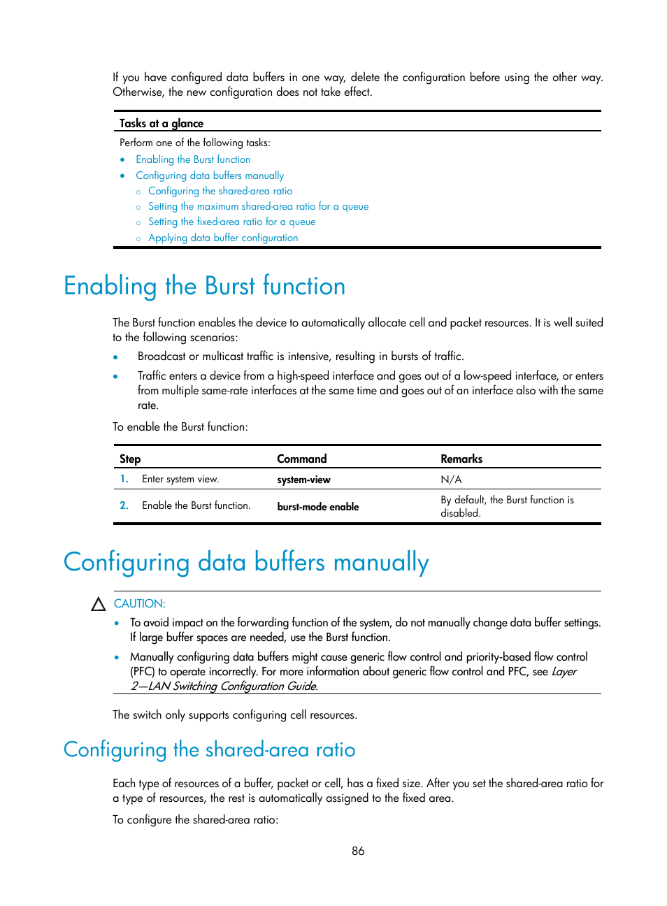 Enabling the burst function, Configuring data buffers manually, Configuring the shared-area ratio | H3C Technologies H3C S6300 Series Switches User Manual | Page 96 / 111