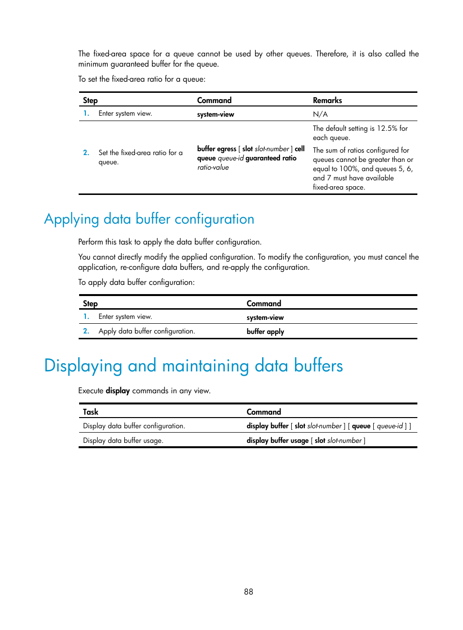 Applying data buffer configuration, Displaying and maintaining data buffers | H3C Technologies H3C S6300 Series Switches User Manual | Page 98 / 111