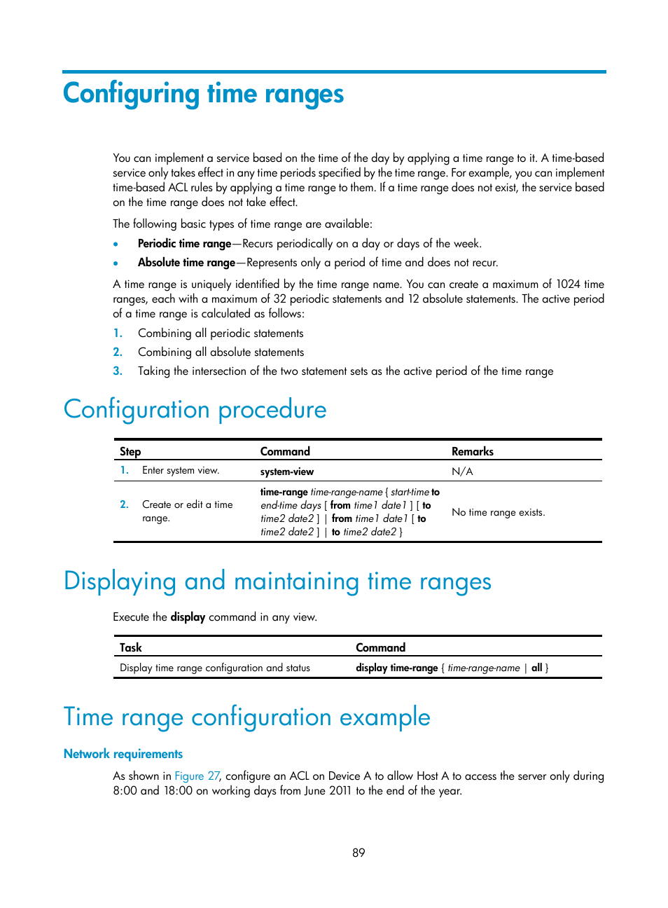 Configuring time ranges, Configuration procedure, Displaying and maintaining time ranges | Time range configuration example, Network requirements | H3C Technologies H3C S6300 Series Switches User Manual | Page 99 / 111