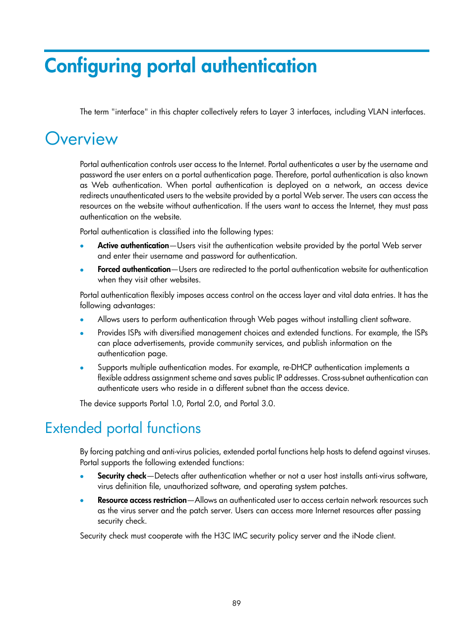 Configuring portal authentication, Overview, Extended portal functions | H3C Technologies H3C S6300 Series Switches User Manual | Page 104 / 413