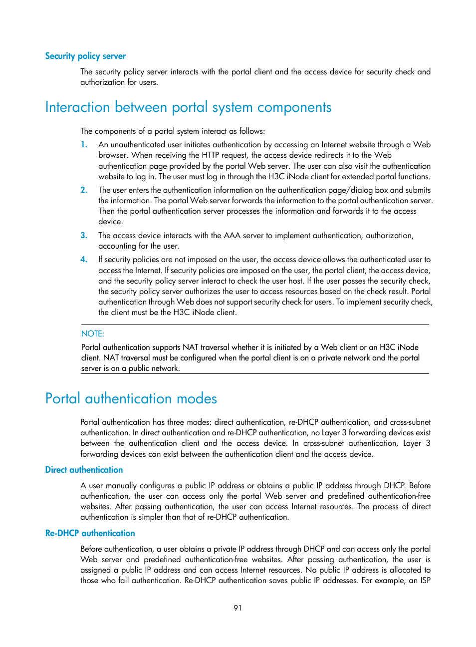 Security policy server, Interaction between portal system components, Portal authentication modes | Direct authentication, Re-dhcp authentication | H3C Technologies H3C S6300 Series Switches User Manual | Page 106 / 413