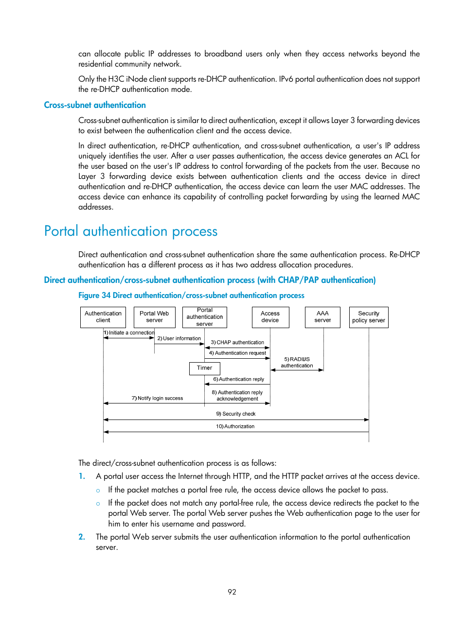 Cross-subnet authentication, Portal authentication process | H3C Technologies H3C S6300 Series Switches User Manual | Page 107 / 413