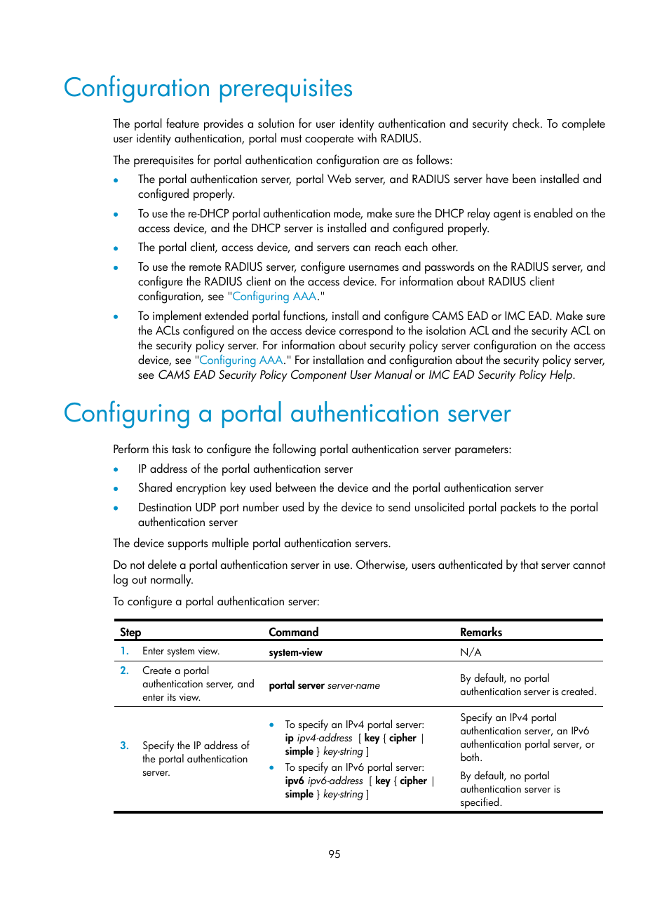 Configuration prerequisites, Configuring a portal authentication server, Required.) | H3C Technologies H3C S6300 Series Switches User Manual | Page 110 / 413