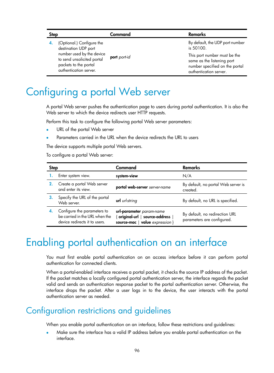 Configuring a portal web server, Enabling portal authentication on an interface, Configuration restrictions and guidelines | Required.) | H3C Technologies H3C S6300 Series Switches User Manual | Page 111 / 413