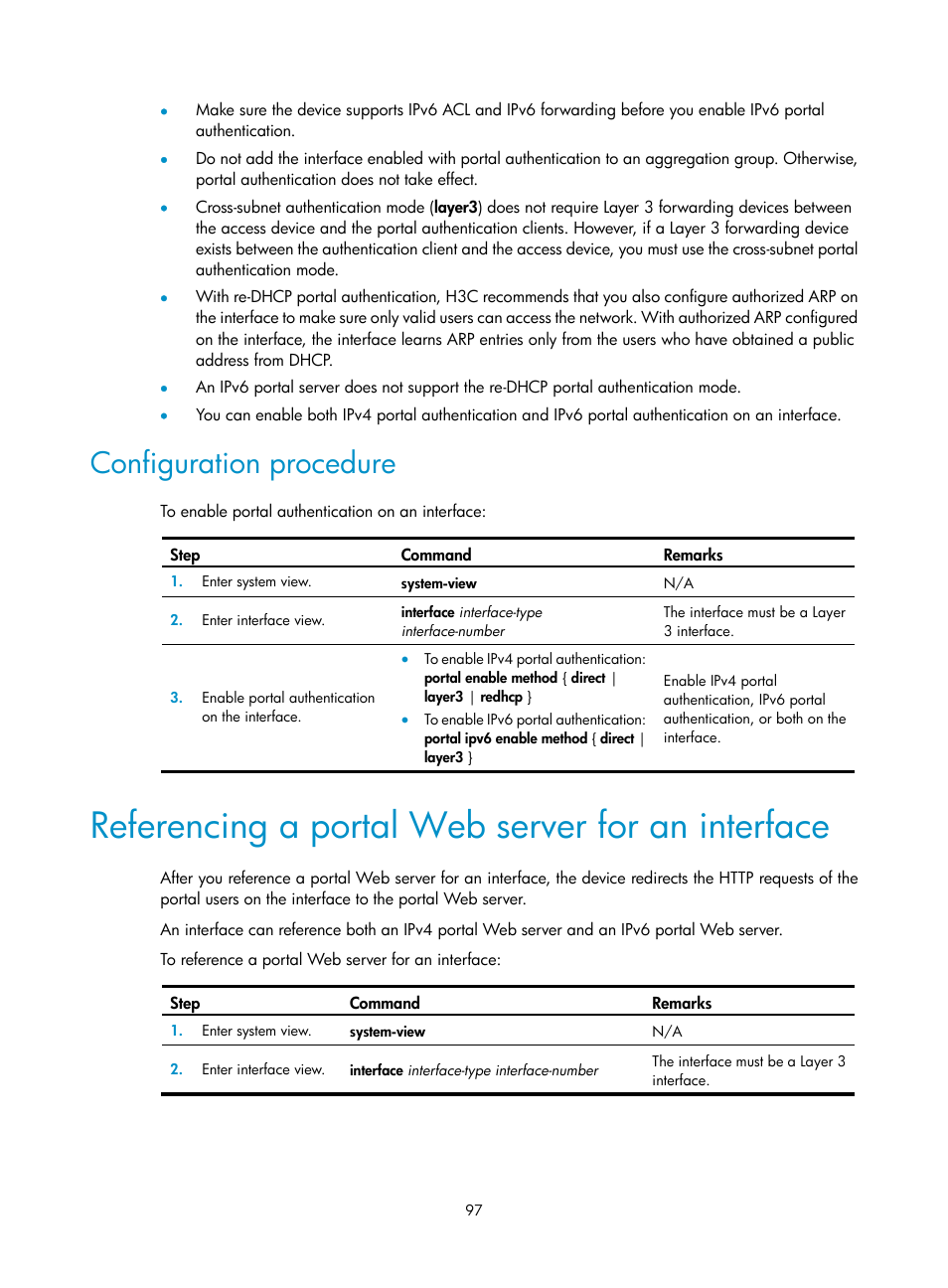 Configuration procedure, Referencing a portal web server for an interface, Required.) | H3C Technologies H3C S6300 Series Switches User Manual | Page 112 / 413