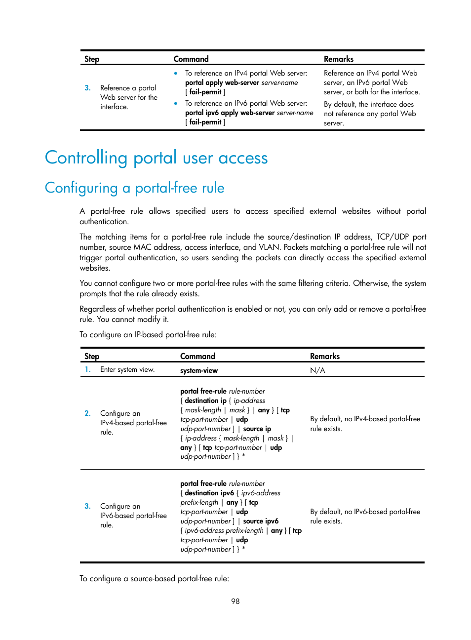 Controlling portal user access, Configuring a portal-free rule | H3C Technologies H3C S6300 Series Switches User Manual | Page 113 / 413