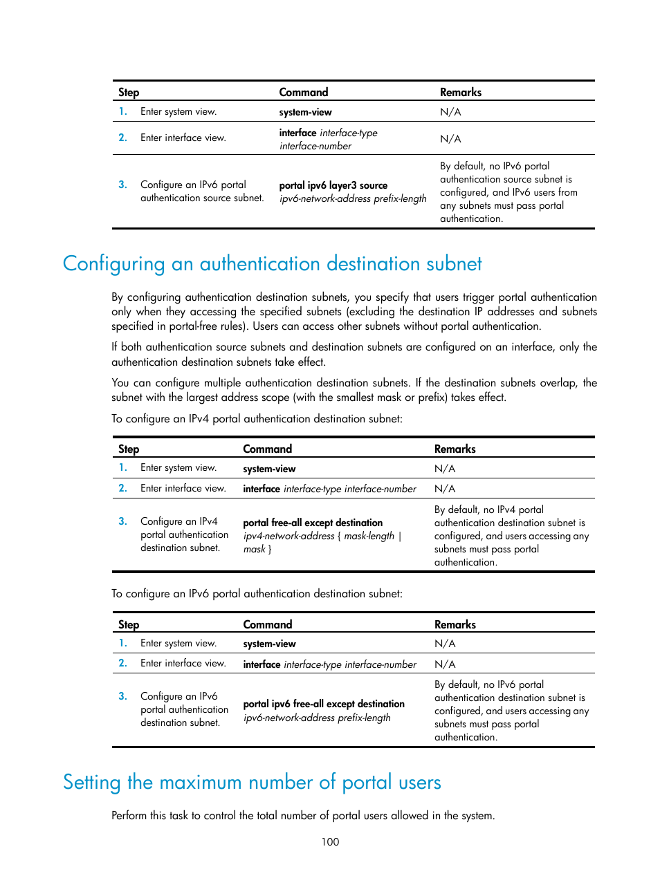 Configuring an authentication destination subnet, Setting the maximum number of portal users | H3C Technologies H3C S6300 Series Switches User Manual | Page 115 / 413