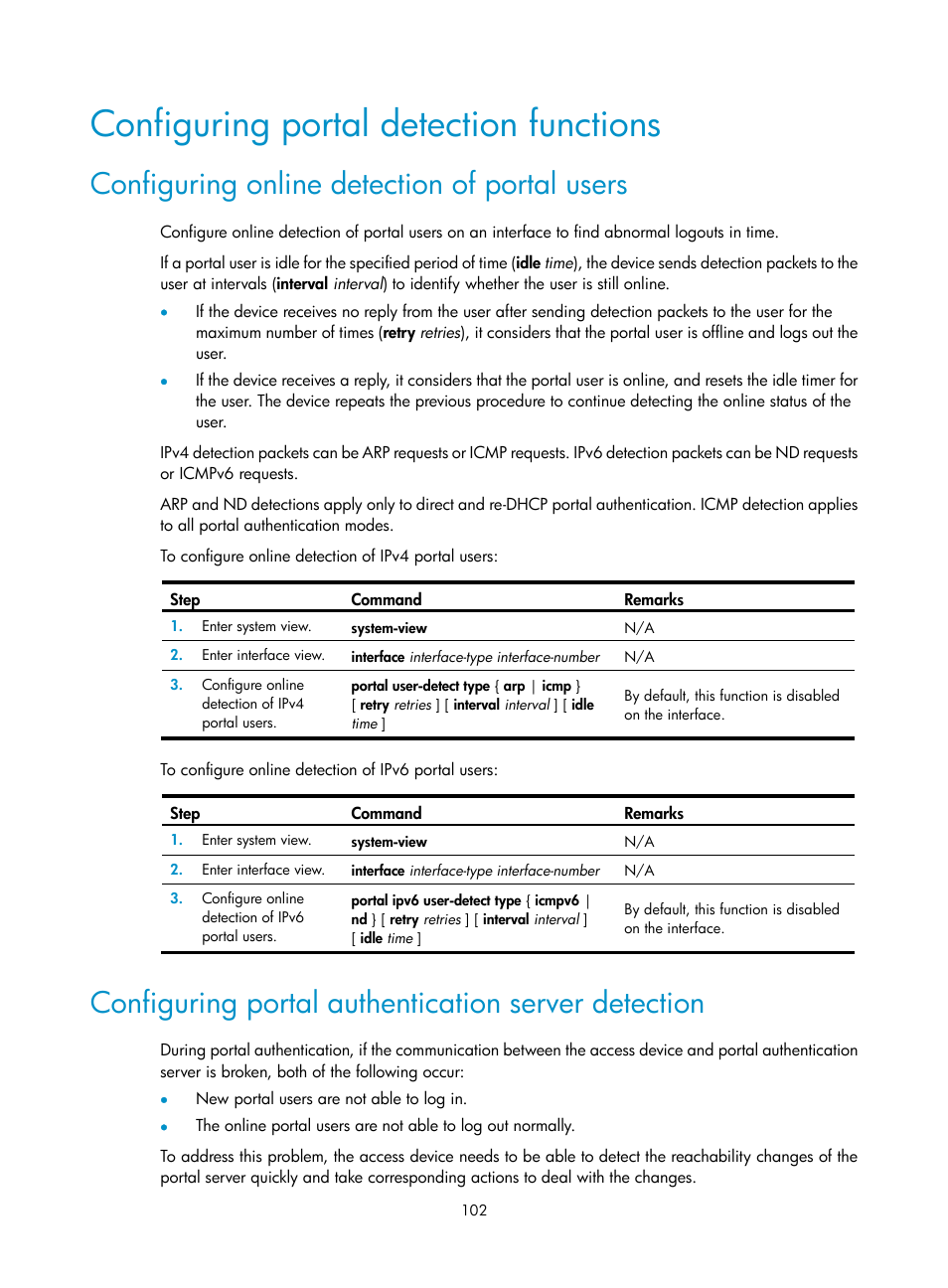 Configuring portal detection functions, Configuring online detection of portal users, Configuring portal authentication server detection | H3C Technologies H3C S6300 Series Switches User Manual | Page 117 / 413