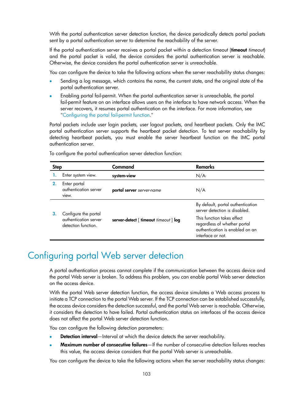 Configuring portal web server detection | H3C Technologies H3C S6300 Series Switches User Manual | Page 118 / 413