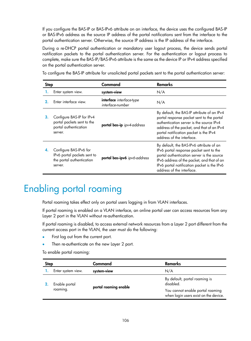 Enabling portal roaming | H3C Technologies H3C S6300 Series Switches User Manual | Page 121 / 413