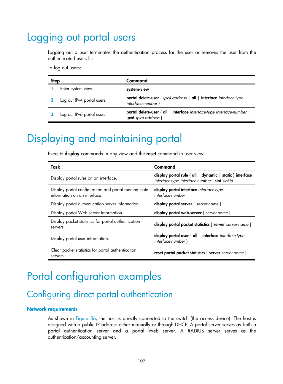 Logging out portal users, Displaying and maintaining portal, Portal configuration examples | Configuring direct portal authentication, Network requirements | H3C Technologies H3C S6300 Series Switches User Manual | Page 122 / 413