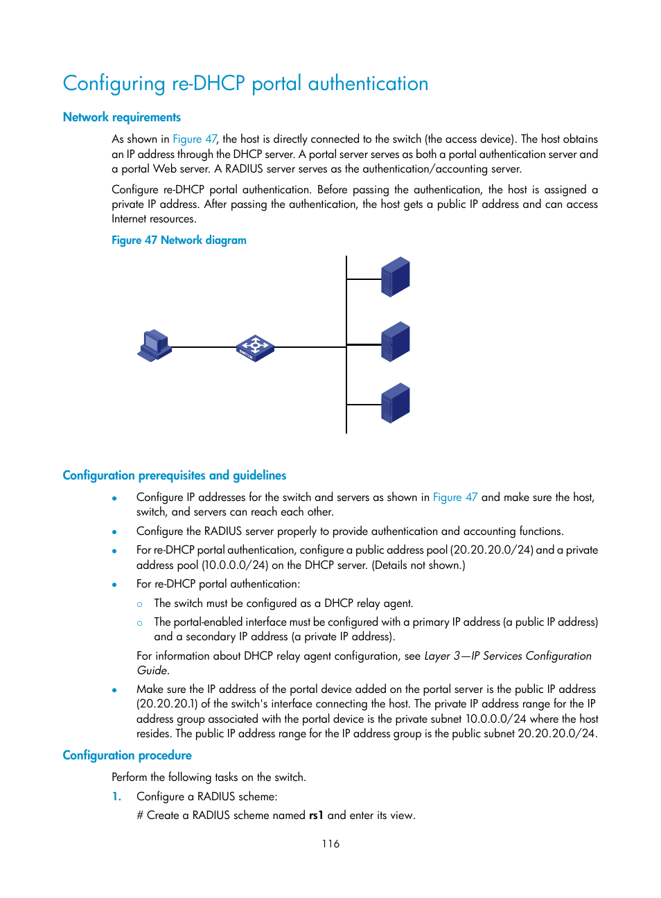 Configuring re-dhcp portal authentication, Network requirements, Configuration prerequisites and guidelines | Configuration procedure | H3C Technologies H3C S6300 Series Switches User Manual | Page 131 / 413