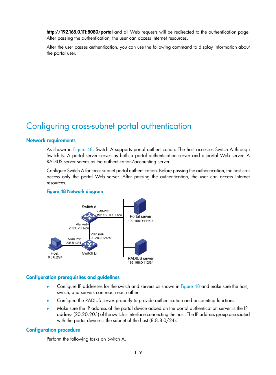 Configuring cross-subnet portal authentication, Network requirements, Configuration prerequisites and guidelines | Configuration procedure | H3C Technologies H3C S6300 Series Switches User Manual | Page 134 / 413