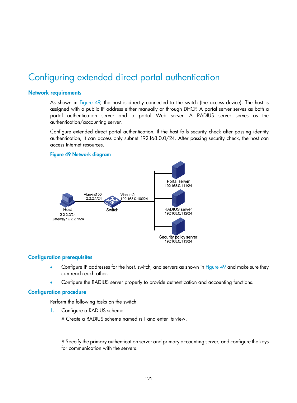 Configuring extended direct portal authentication, Network requirements, Configuration prerequisites | Configuration procedure | H3C Technologies H3C S6300 Series Switches User Manual | Page 137 / 413