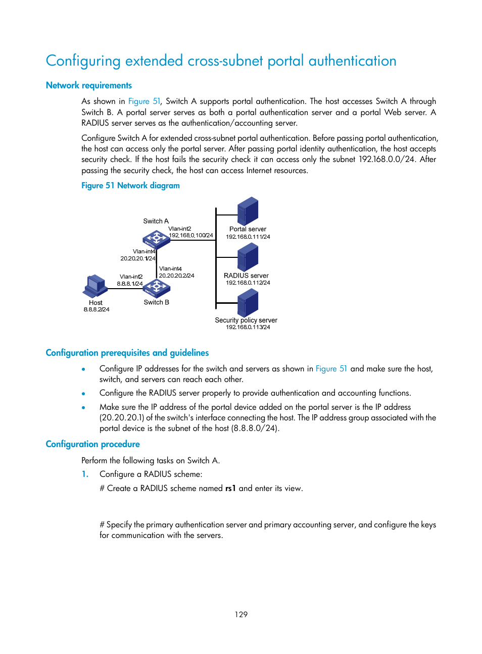 Network requirements, Configuration prerequisites and guidelines, Configuration procedure | H3C Technologies H3C S6300 Series Switches User Manual | Page 144 / 413