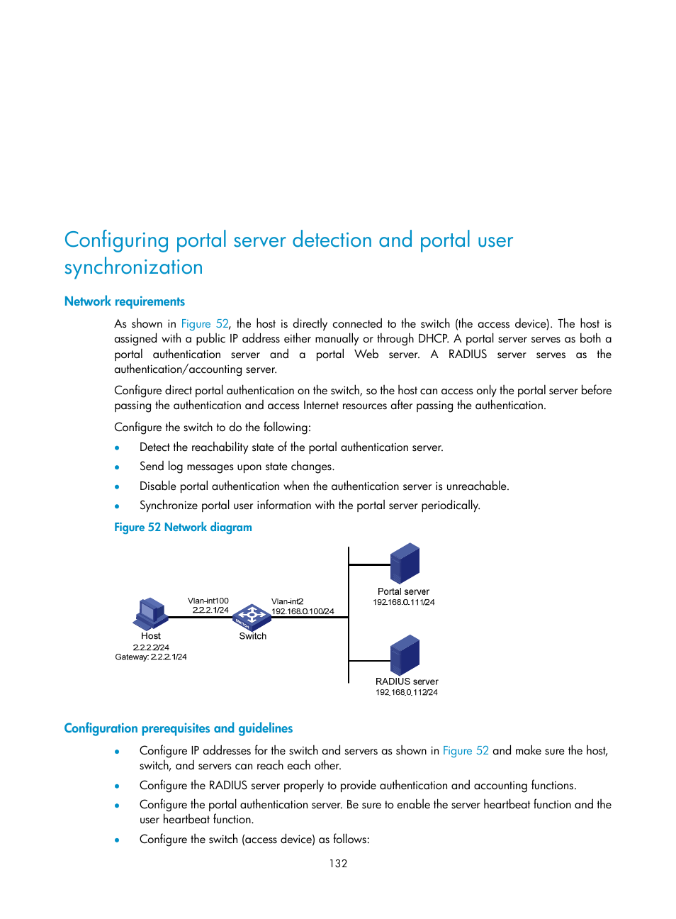 Network requirements, Configuration prerequisites and guidelines | H3C Technologies H3C S6300 Series Switches User Manual | Page 147 / 413