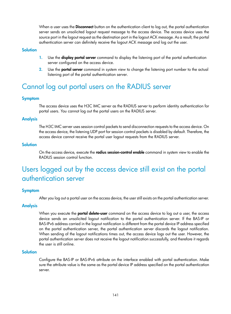 Solution, Cannot log out portal users on the radius server, Symptom | Analysis | H3C Technologies H3C S6300 Series Switches User Manual | Page 156 / 413