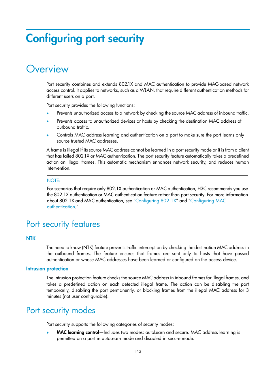 Configuring port security, Overview, Port security features | Intrusion protection, Port security modes, Bed in | H3C Technologies H3C S6300 Series Switches User Manual | Page 158 / 413