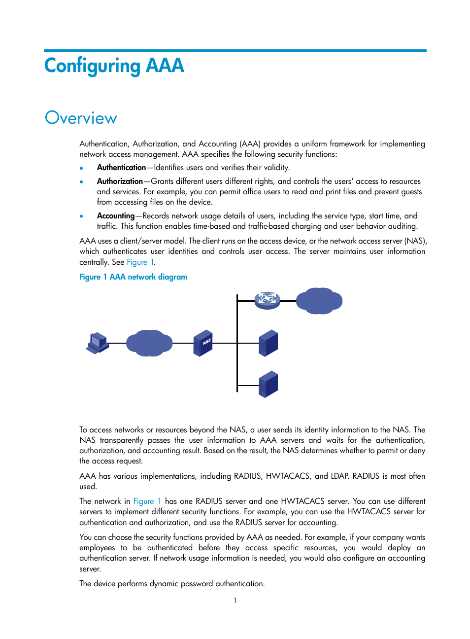 Configuring aaa, Overview | H3C Technologies H3C S6300 Series Switches User Manual | Page 16 / 413