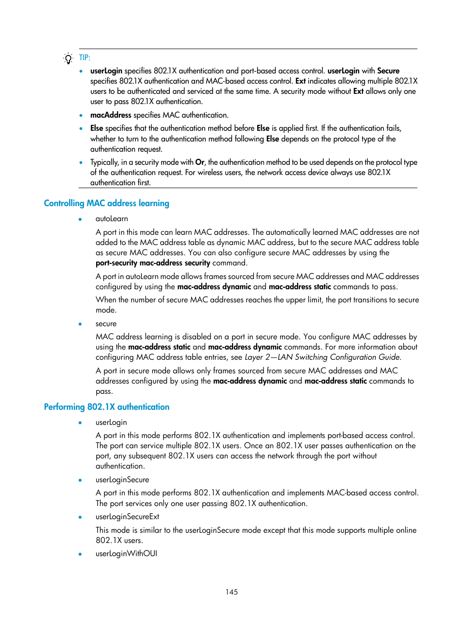 Controlling mac address learning, Performing 802.1x authentication | H3C Technologies H3C S6300 Series Switches User Manual | Page 160 / 413