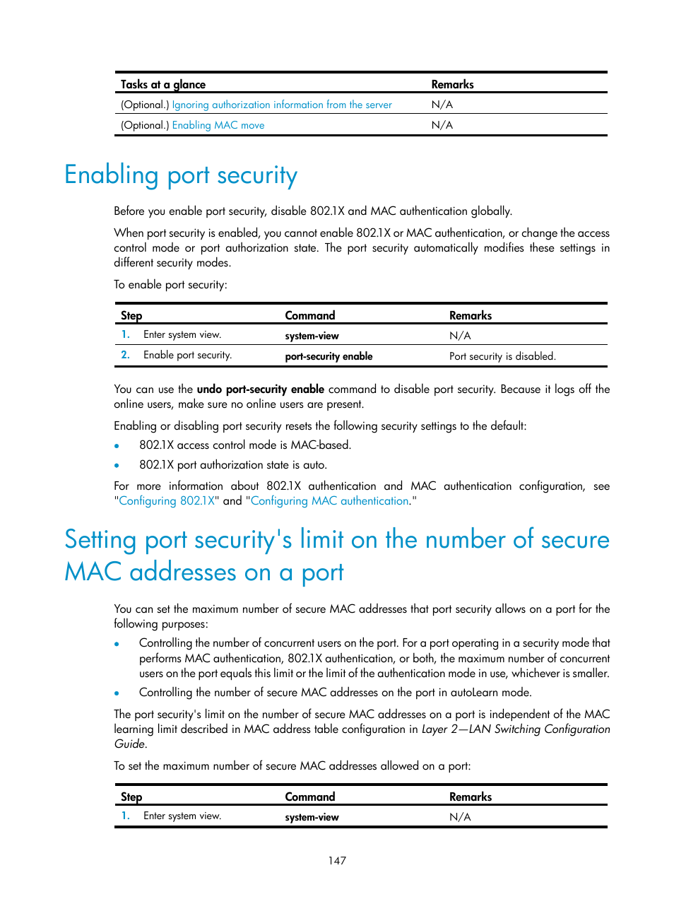 Enabling port security, Required.), Optional.) | Addresses on a port | H3C Technologies H3C S6300 Series Switches User Manual | Page 162 / 413