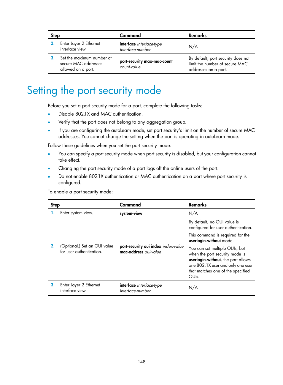 Setting the port security mode | H3C Technologies H3C S6300 Series Switches User Manual | Page 163 / 413