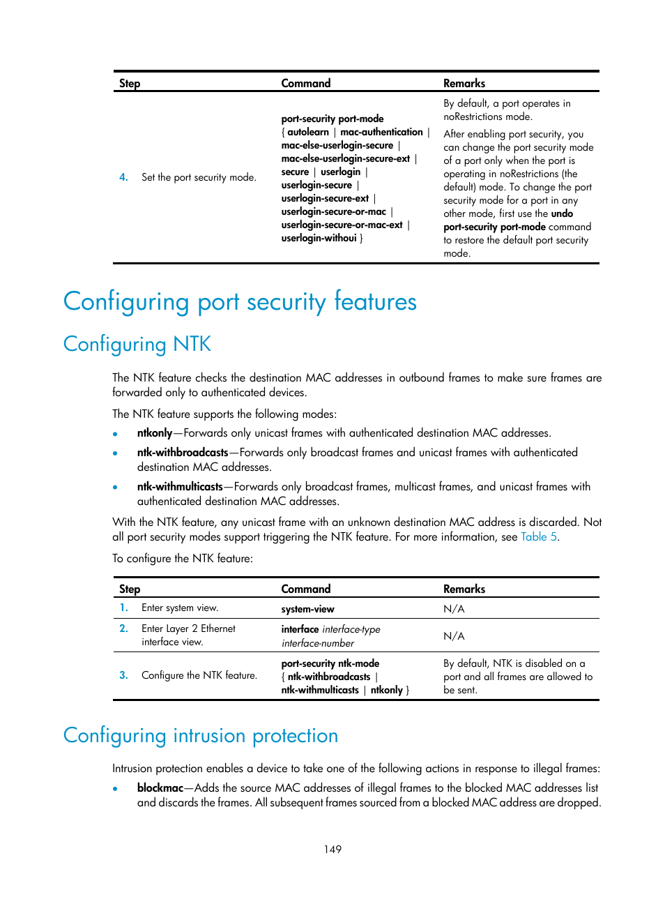 Configuring port security features, Configuring ntk, Configuring intrusion protection | Required.) | H3C Technologies H3C S6300 Series Switches User Manual | Page 164 / 413