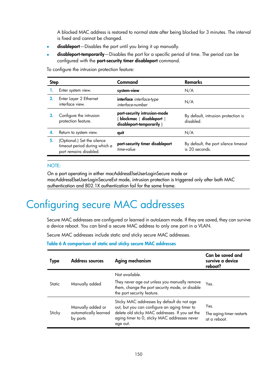 Configuring secure mac addresses | H3C Technologies H3C S6300 Series Switches User Manual | Page 165 / 413